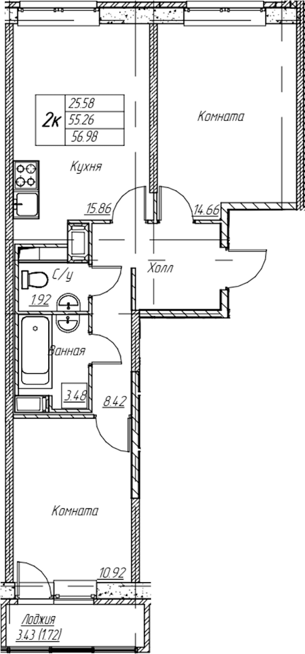 2-комнатная квартира 56.98 м², 5/22 эт., ЖК «Парк-квартал Юнтолово»
